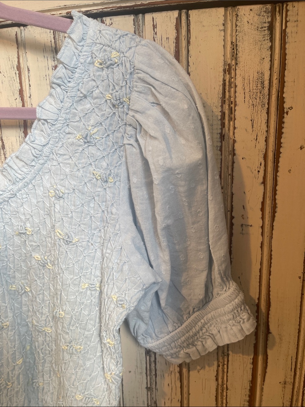 Light Blue Smocked Puff Sleeve Top with Floral Details - Picture 6 of 11